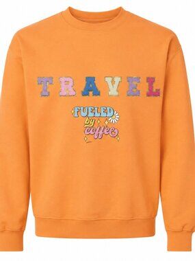 TRAVEL Fueled by Coffee Graphic Sweatshirt Peach  Multicolor Glitter Letters